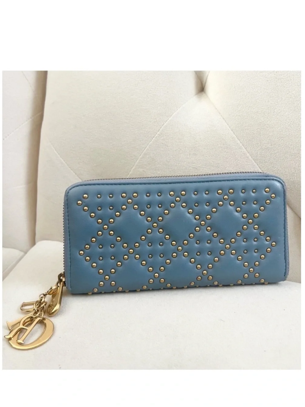 Authentic Christian DIOR Blue Leather x Studs Long Zippy Wallet W/ Charm EUC